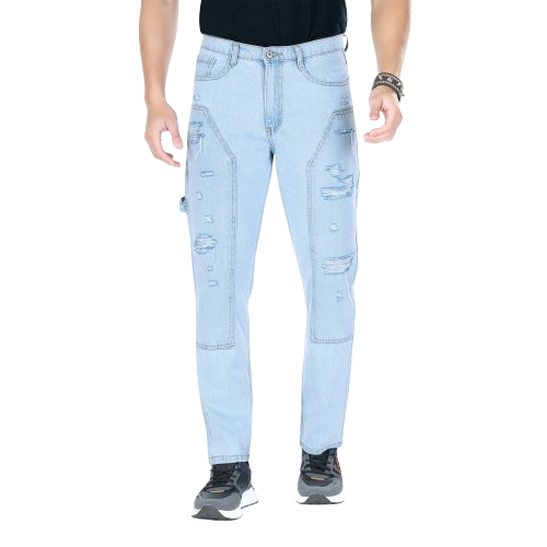 MQ Denim Straight Fit Non Stretchable Relaxed Mid Rise Stylish Sky Blue Distressed Men's Jeans - Available in Variety of Colour
