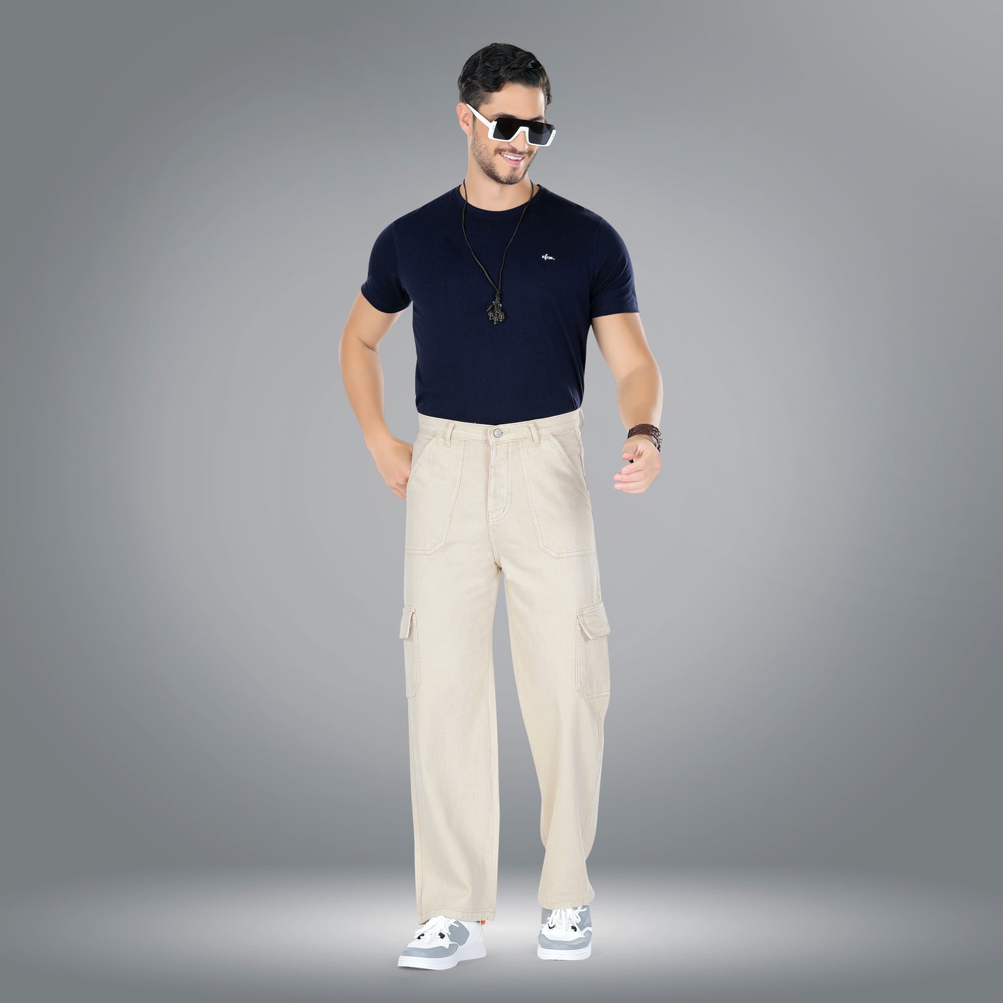 MQ Denim Men's Straight Leg 6-Pocket Mid Rise Cargo Jeans, Non-Stretchable and Pure Cotton Denim. Trendy and Comfortable Casual Wear.