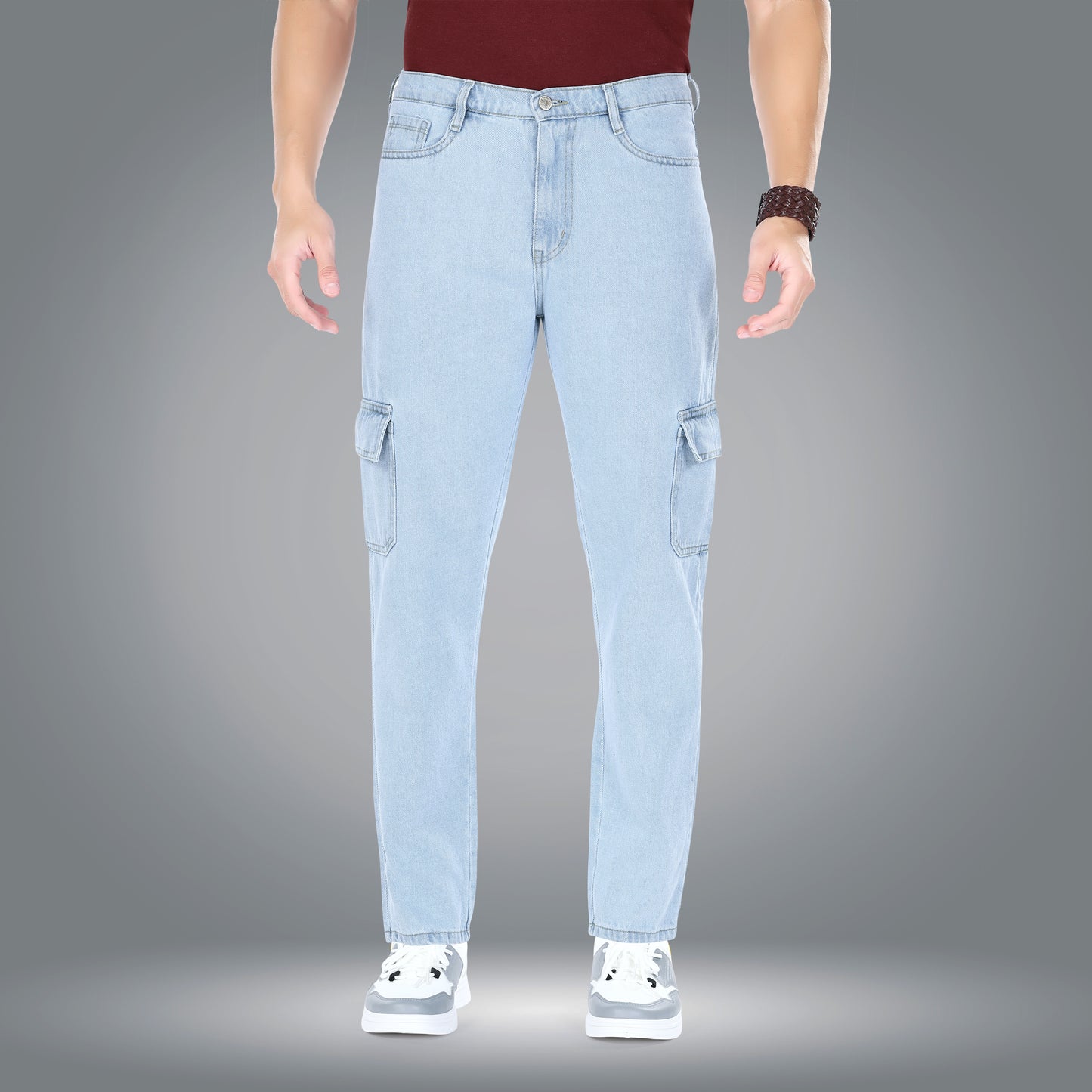 MQ Denim Men's Tapered Fit 6-Pocket Cargo Mid Rise Ice Blue Jeans, Non-Stretchable and Pure Cotton Denim. Trendy and Comfortable Casual Wear.