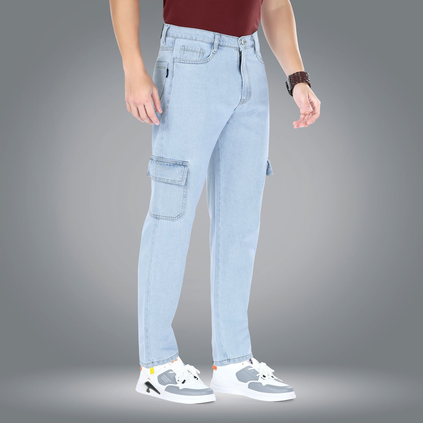 MQ Denim Men's Tapered Fit 6-Pocket Cargo Mid Rise Ice Blue Jeans, Non-Stretchable and Pure Cotton Denim. Trendy and Comfortable Casual Wear.