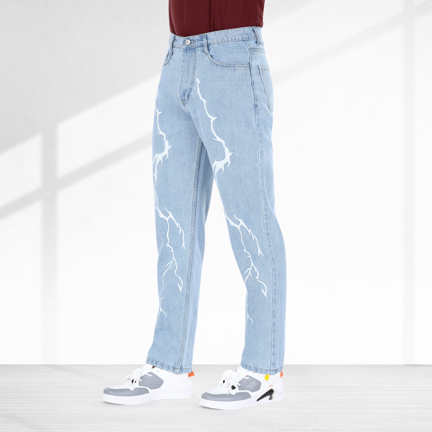 MQ Denim Straight Fit Non-Stretchable Light Blue Mid Rise Lightening Printed Pure Cotton Premium Fabric Men's Jeans