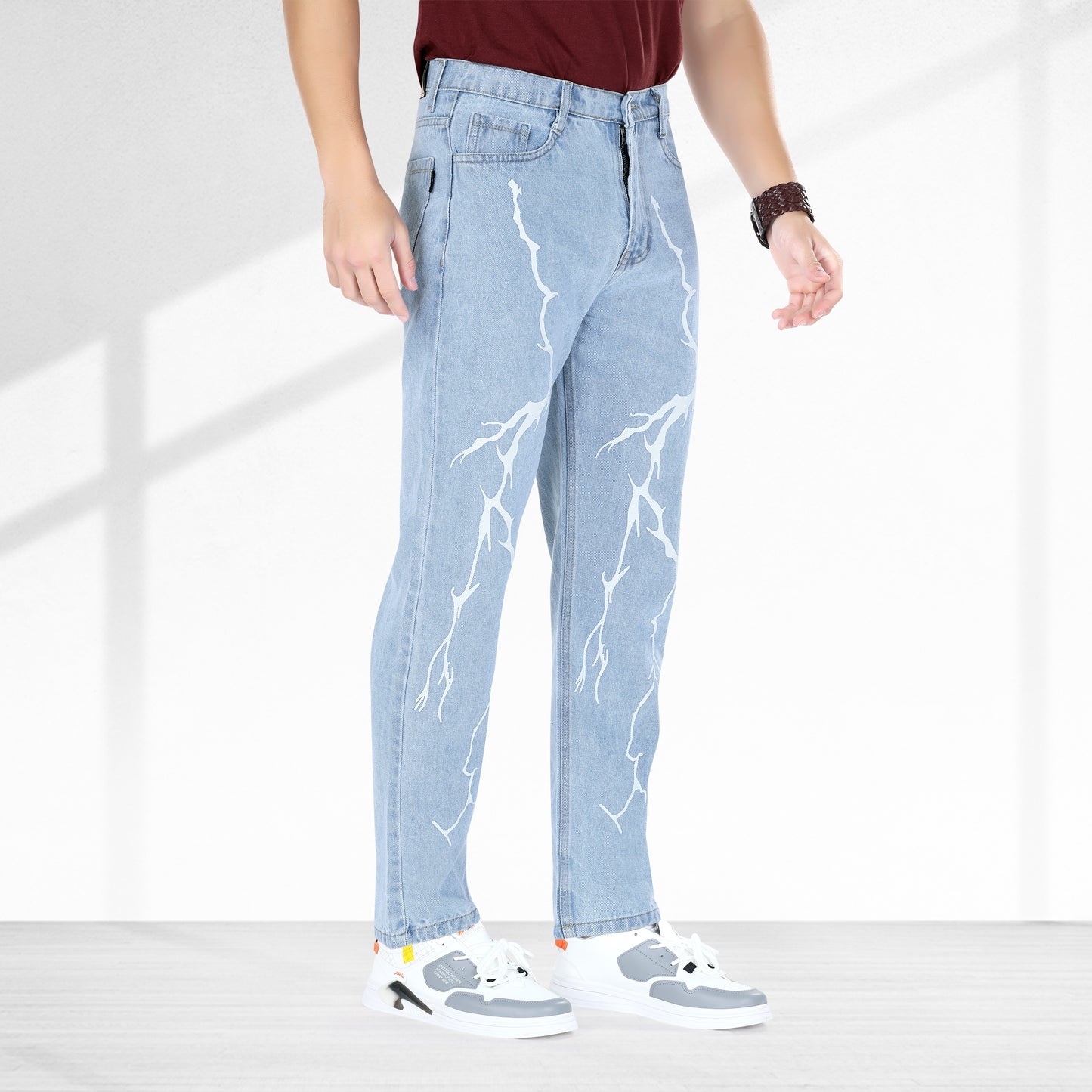 MQ Denim Straight Fit Non-Stretchable Light Blue Mid Rise Lightening Printed Pure Cotton Premium Fabric Men's Jeans