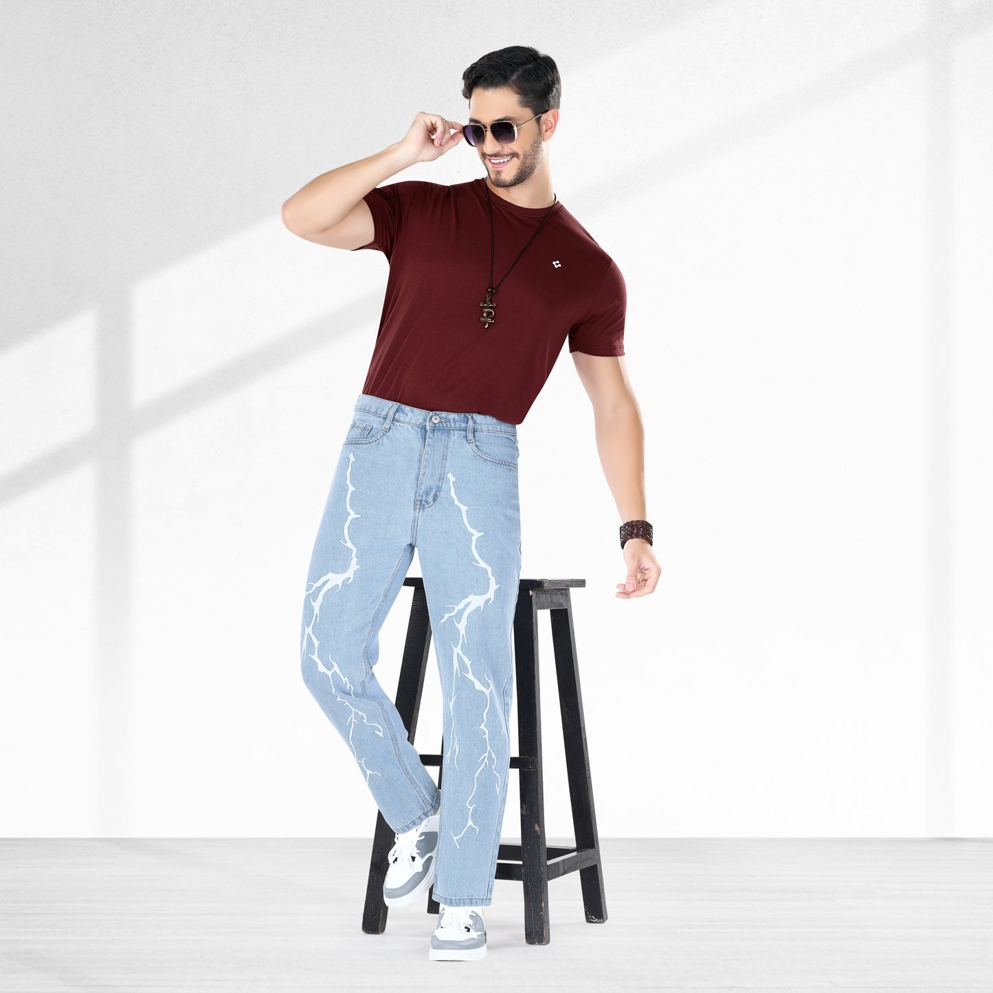 MQ Denim Straight Fit Non-Stretchable Light Blue Mid Rise Lightening Printed Pure Cotton Premium Fabric Men's Jeans