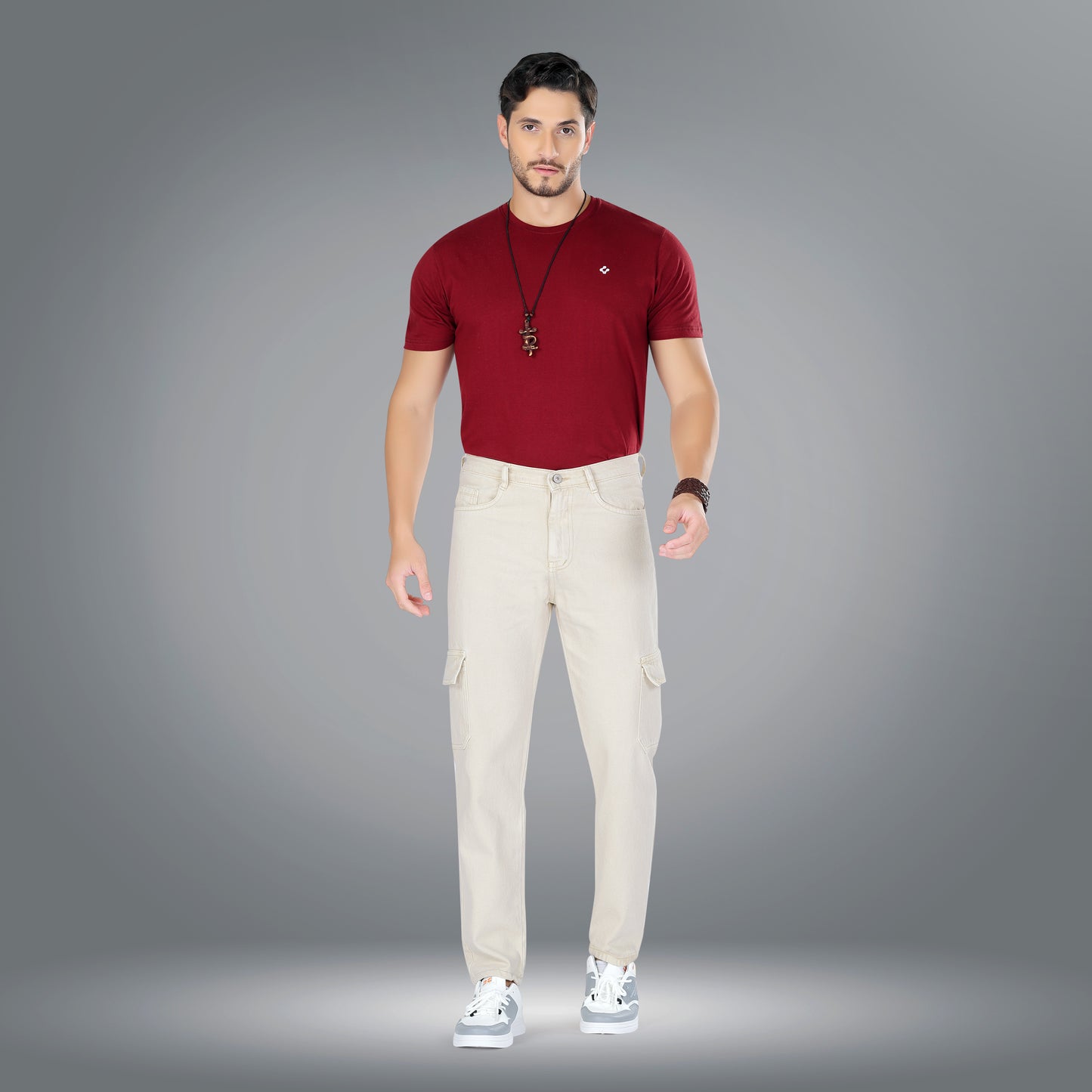 MQ Denim Men's Tapered Fit 6-Pocket Cargo Mid Rise Beige Jeans, Non-Stretchable and Pure Cotton Denim. Trendy and Comfortable Casual Wear.