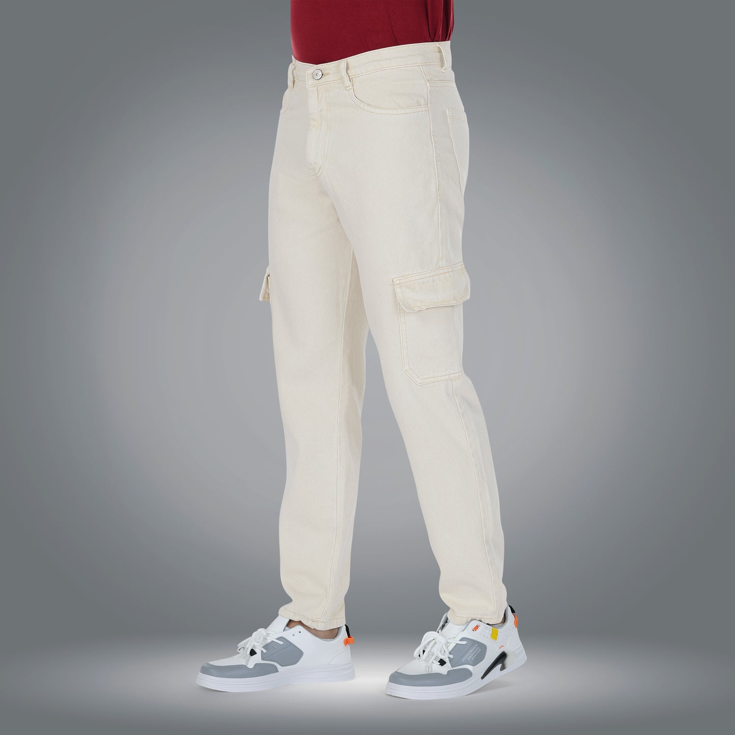 MQ Denim Men's Tapered Fit 6-Pocket Cargo Mid Rise Beige Jeans, Non-Stretchable and Pure Cotton Denim. Trendy and Comfortable Casual Wear.