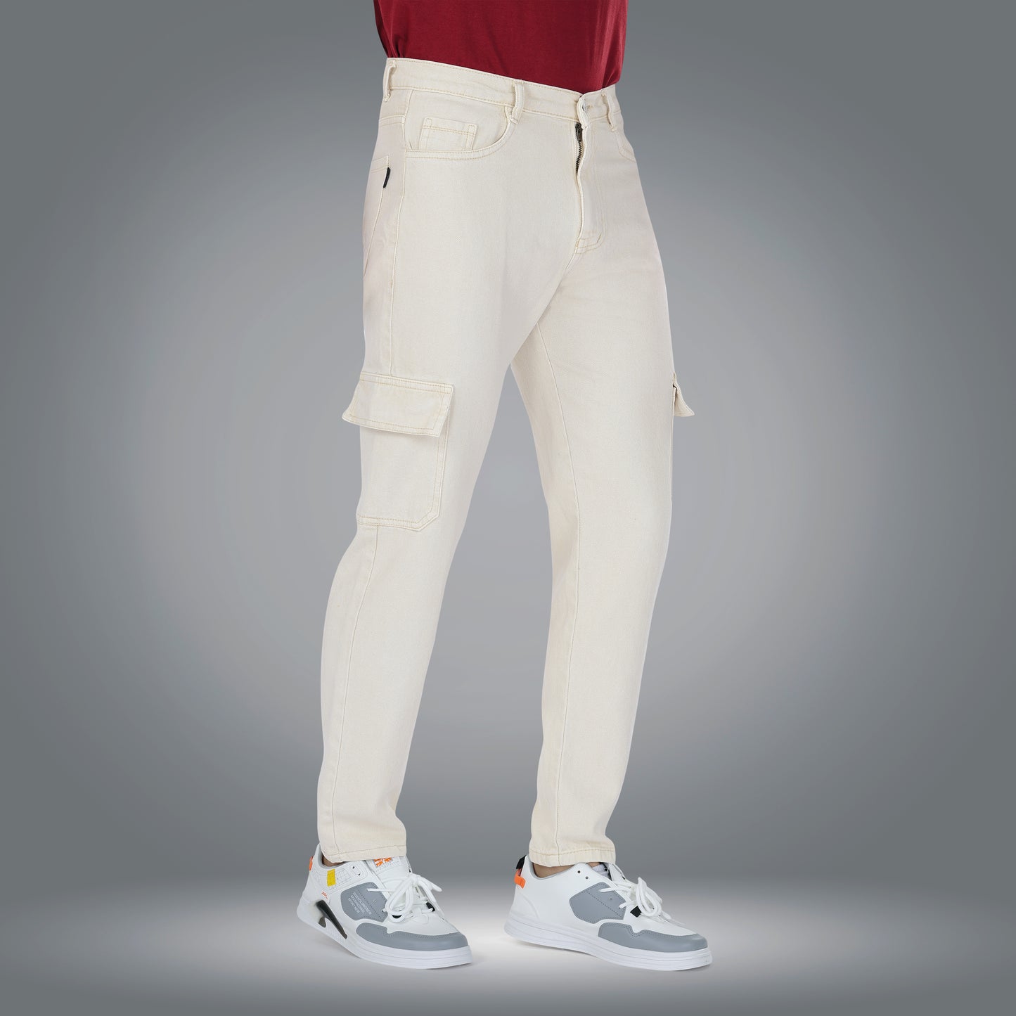 MQ Denim Men's Tapered Fit 6-Pocket Cargo Mid Rise Beige Jeans, Non-Stretchable and Pure Cotton Denim. Trendy and Comfortable Casual Wear.