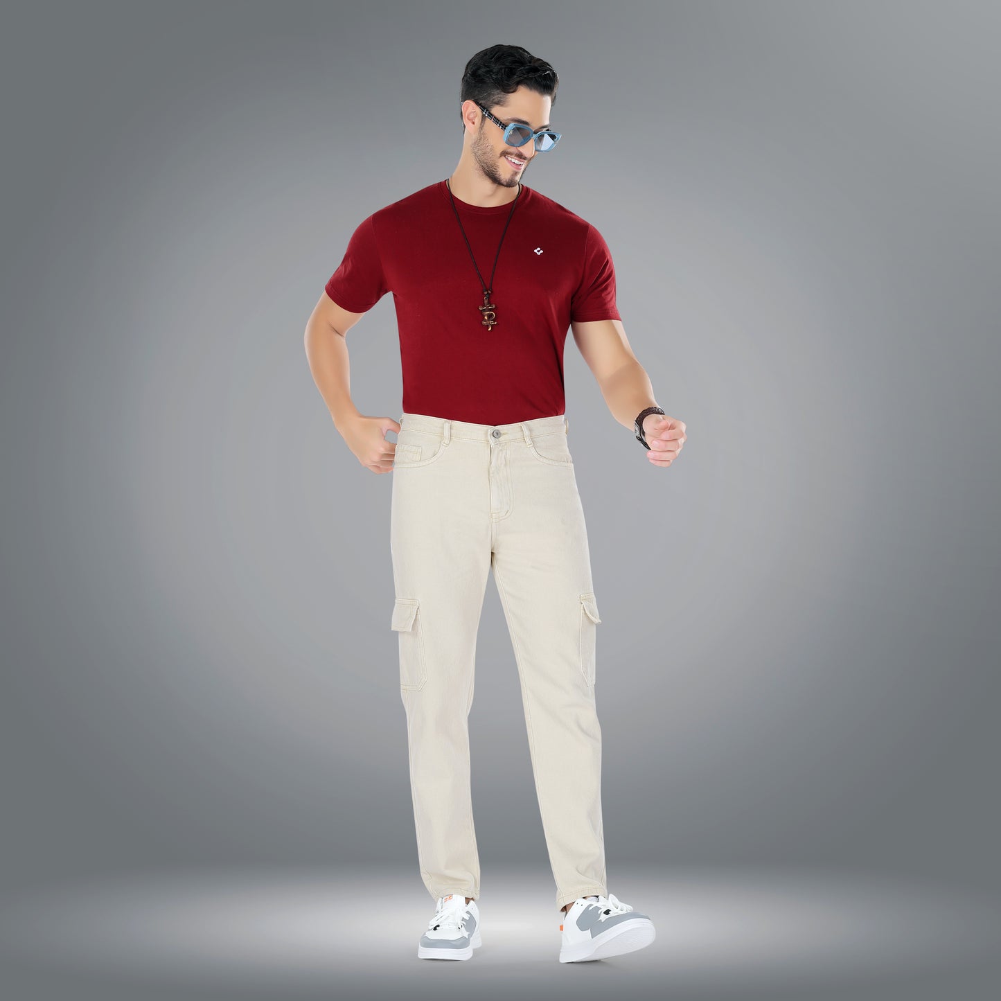 MQ Denim Men's Tapered Fit 6-Pocket Cargo Mid Rise Beige Jeans, Non-Stretchable and Pure Cotton Denim. Trendy and Comfortable Casual Wear.