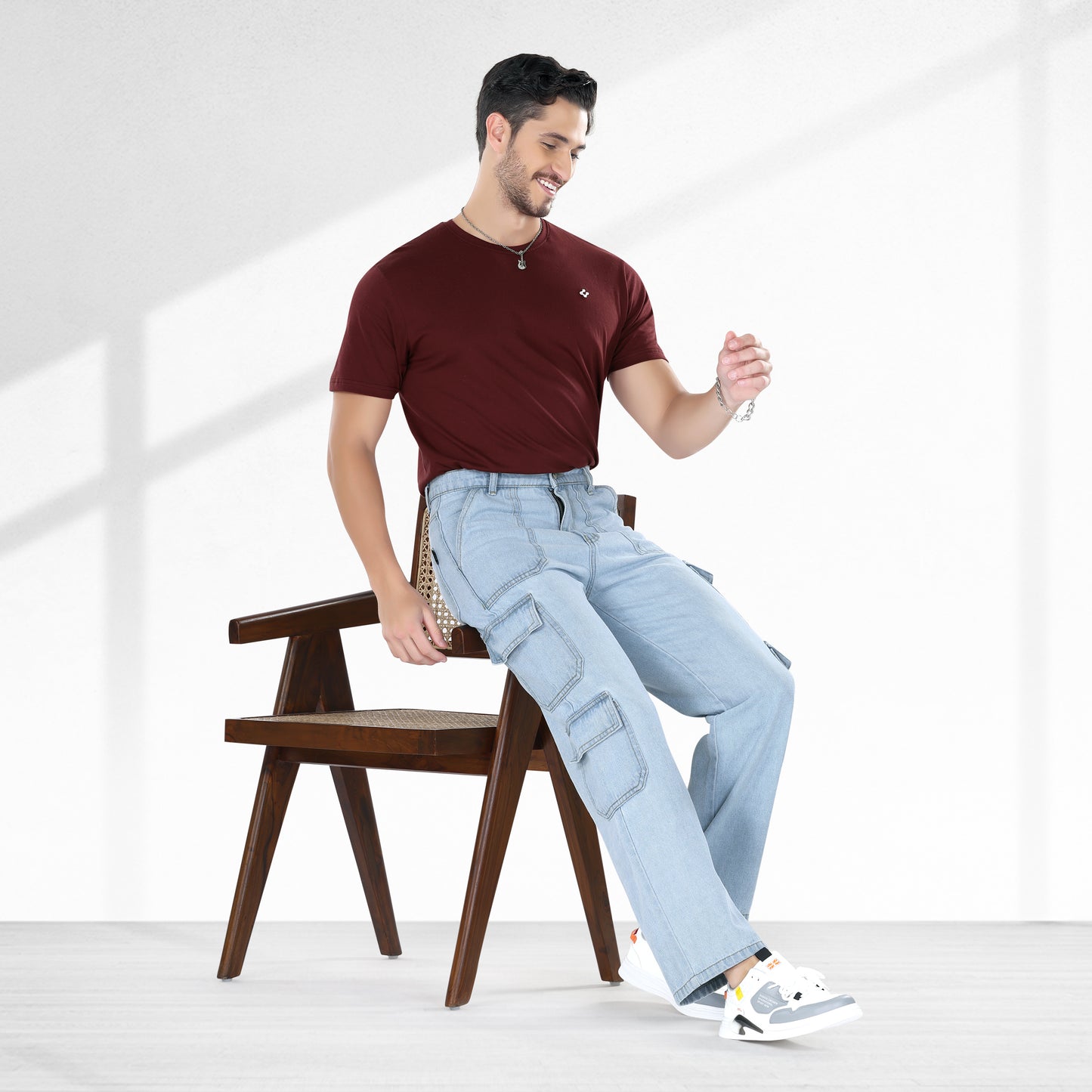 MQ Denim Men's Wide Leg 8-Pocket Mid Rise Light Blue Cargo Jeans, Non-Stretchable and Pure Cotton Denim. Trendy and Comfortable Casual Wear. (Copy)