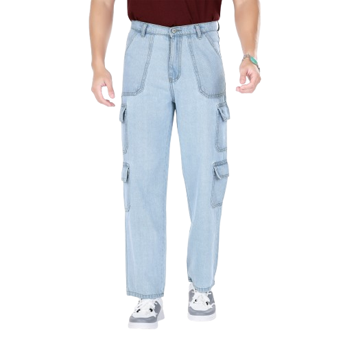MQ Denim Men's Wide Leg 8-Pocket Mid Rise Light Blue Cargo Jeans, Non-Stretchable and Pure Cotton Denim. Trendy and Comfortable Casual Wear. (Copy)