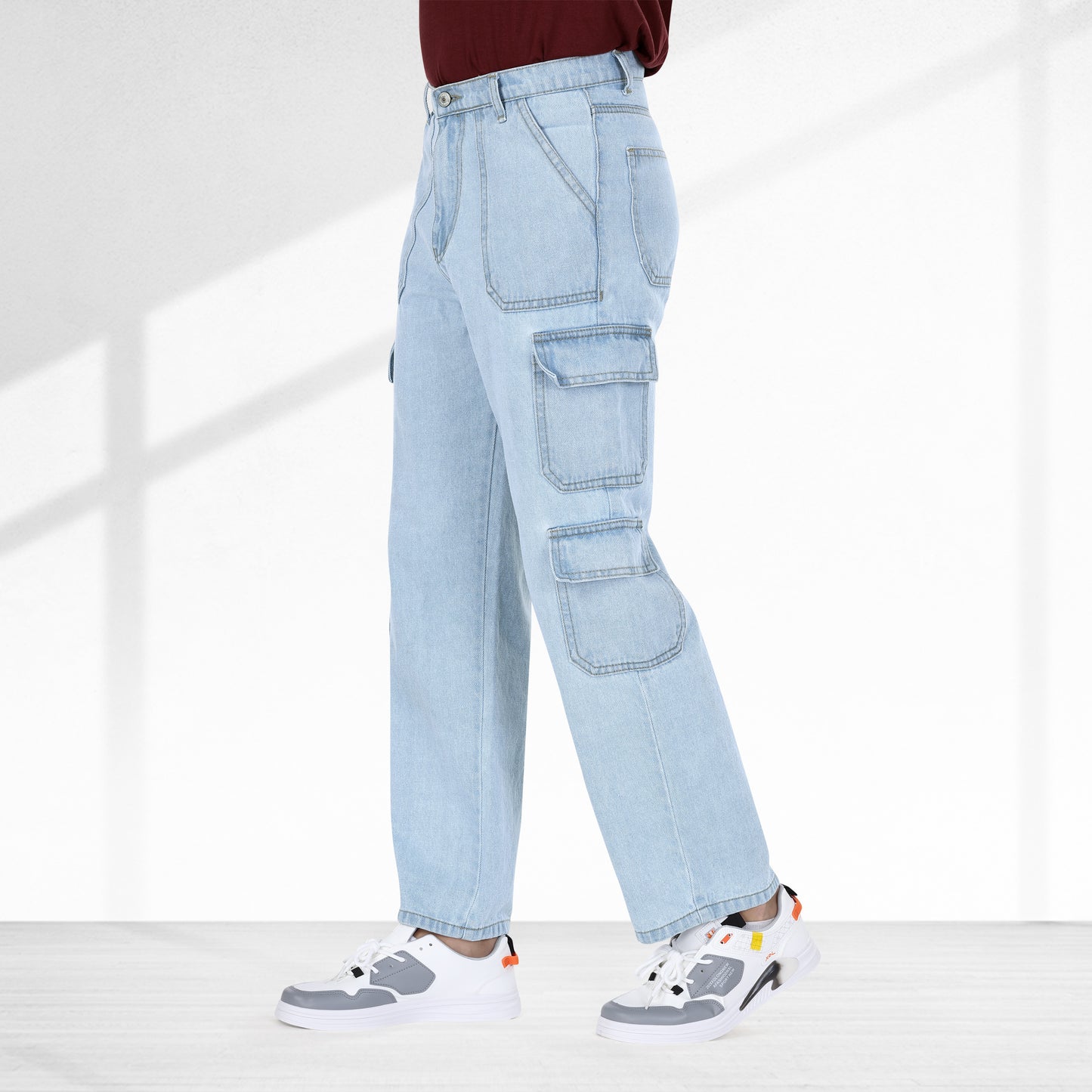 MQ Denim Men's Wide Leg 8-Pocket Mid Rise Light Blue Cargo Jeans, Non-Stretchable and Pure Cotton Denim. Trendy and Comfortable Casual Wear. (Copy)