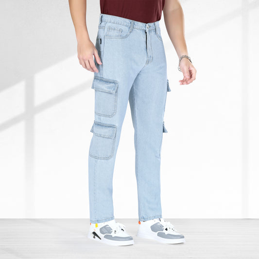 MQ Denim Men's Straight Fit 8-Pocket Light Blue Cargo Mid Rise Jeans, Non-Stretchable and Pure Cotton Denim. Trendy and Comfortable