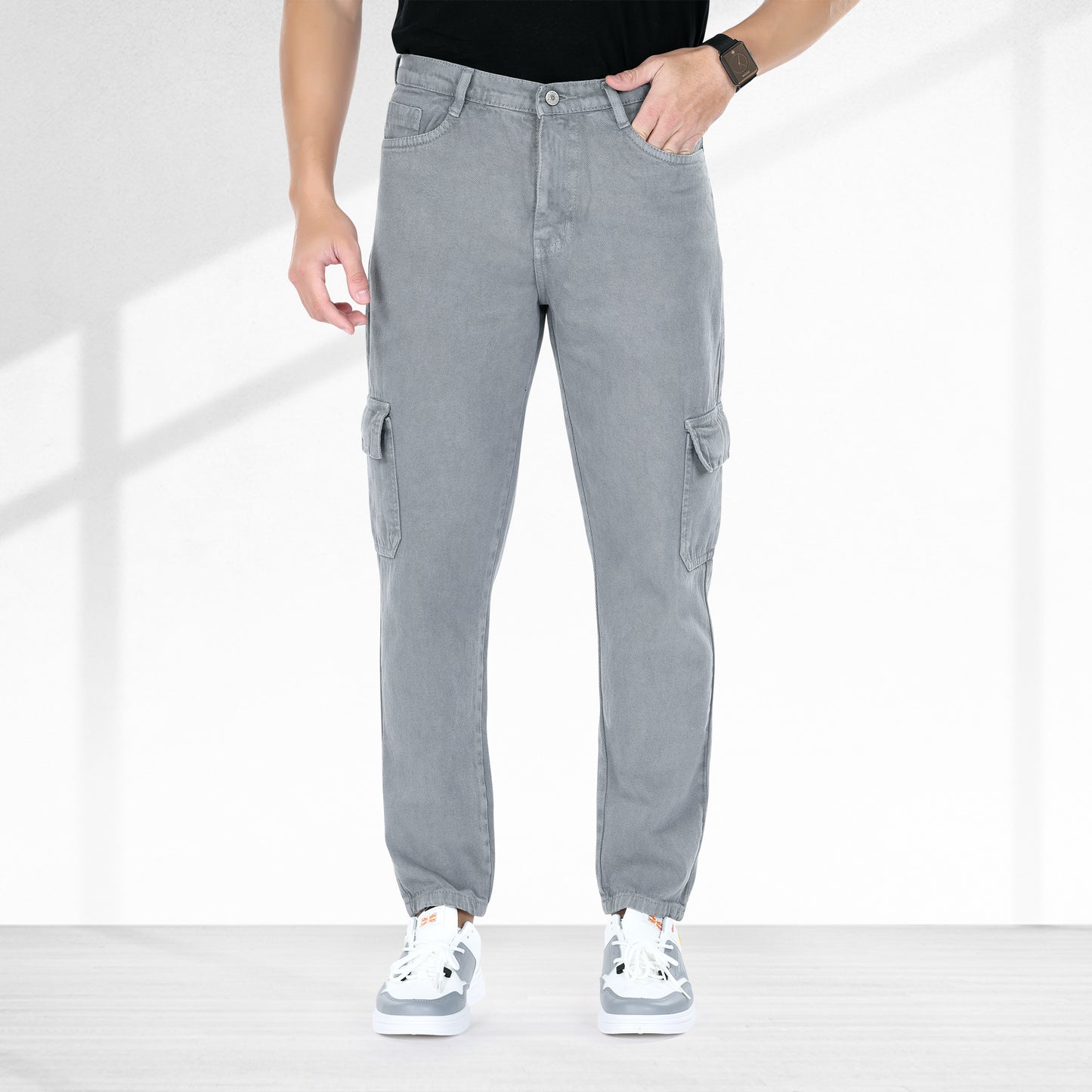 MQ Denim Men's Tapered Fit 6-Pocket Cargo Mid Rise Grey Jeans, Non-Stretchable and Pure Cotton Denim. Trendy and Comfortable Casual Wear.
