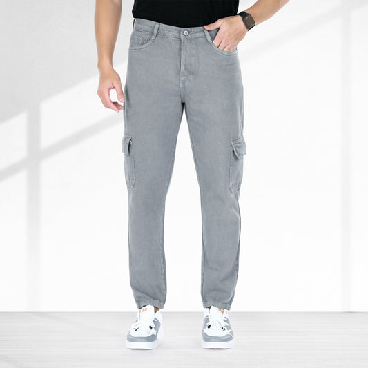 MQ Denim Men's Tapered Fit 6-Pocket Cargo Mid Rise Grey Jeans, Non-Stretchable and Pure Cotton Denim. Trendy and Comfortable Casual Wear.