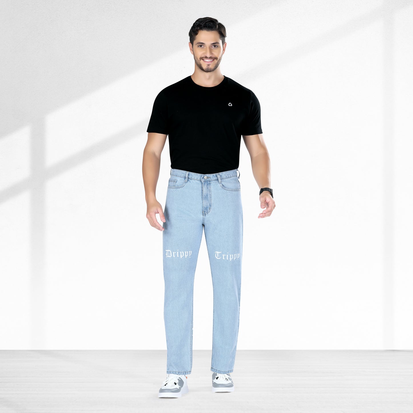 MQ Denim Men's Stylish Printed Mid Rise Light Blue Straight Fit Pure Cotton Non-Stretchable Jeans