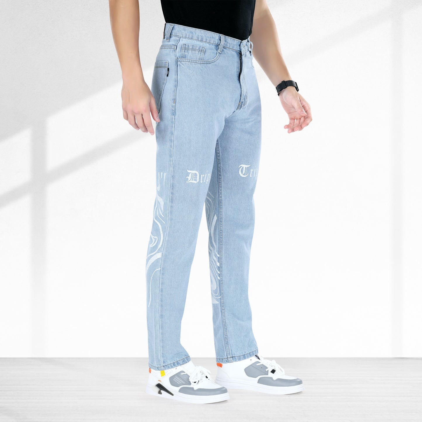 MQ Denim Men's Stylish Printed Mid Rise Light Blue Straight Fit Pure Cotton Non-Stretchable Jeans