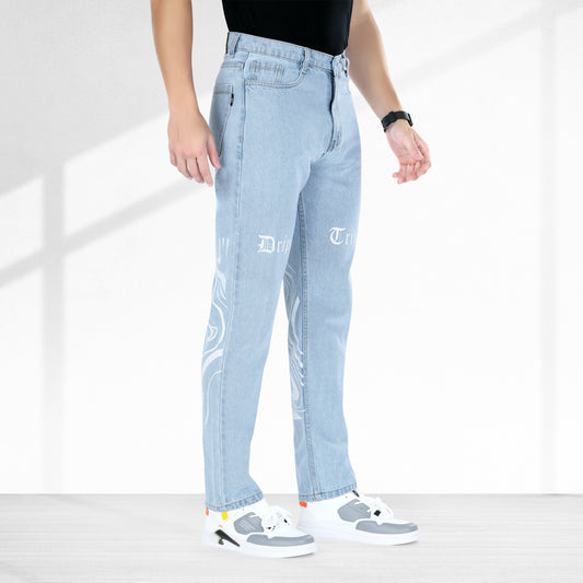 MQ Denim Men's Stylish Printed Mid Rise Light Blue Straight Fit Pure Cotton Non-Stretchable Jeans