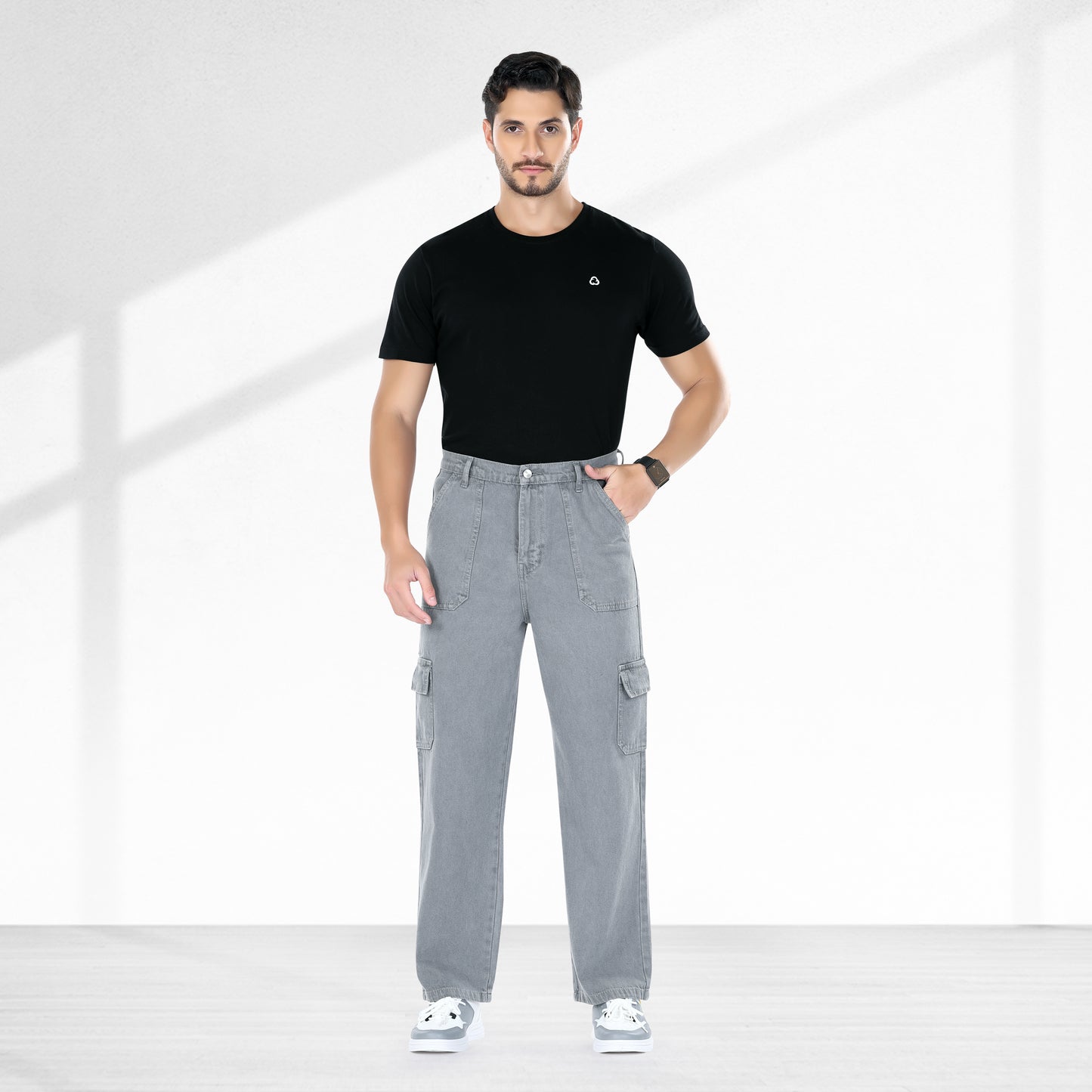 MQ Denim Men's Straight Leg 6-Pocket Mid Rise Cargo Jeans, Non-Stretchable and Pure Cotton Denim. Trendy and Comfortable Casual Wear.