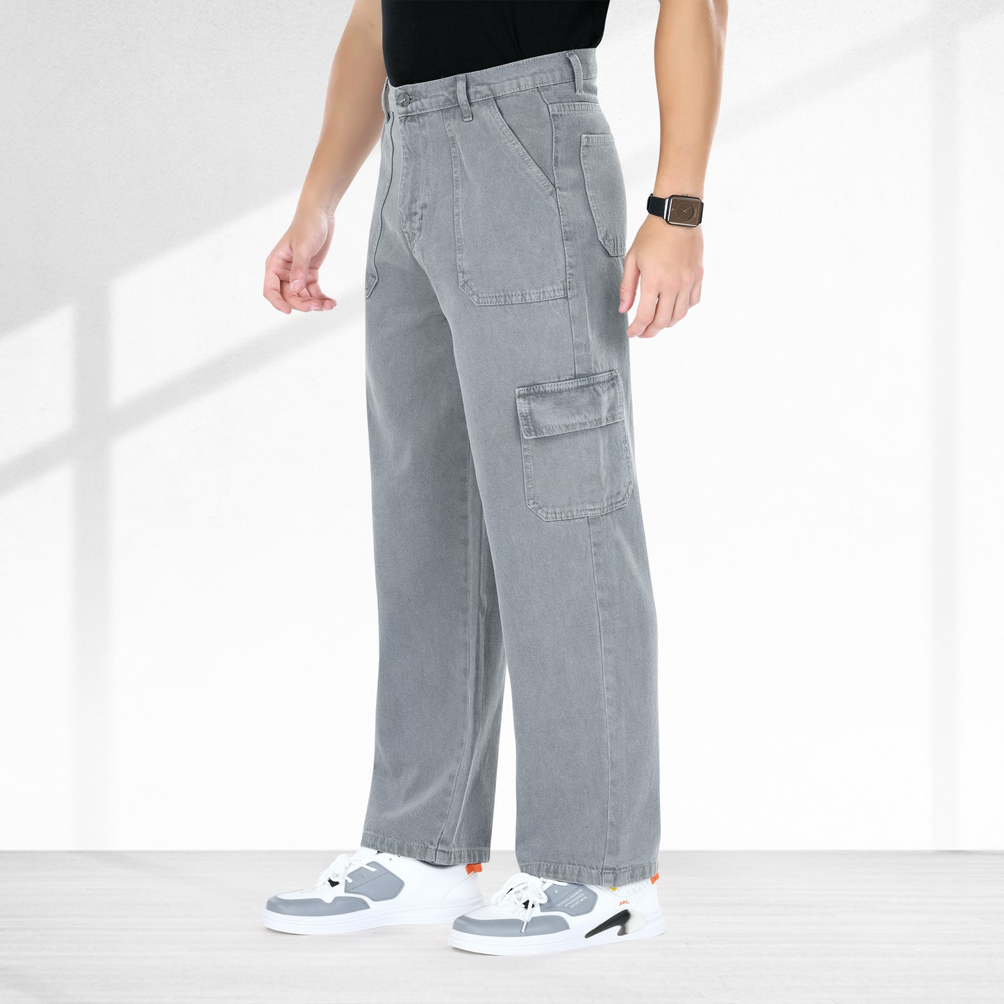 MQ Denim Men's Straight Leg 6-Pocket Mid Rise Cargo Jeans, Non-Stretchable and Pure Cotton Denim. Trendy and Comfortable Casual Wear.