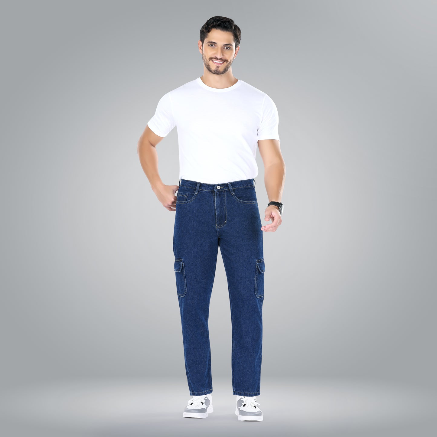 MQ Denim Men's Tapered Fit 6-Pocket Cargo Mid Rise Dark Blue Jeans, Non-Stretchable and Pure Cotton Denim. Trendy and Comfortable Casual Wear.