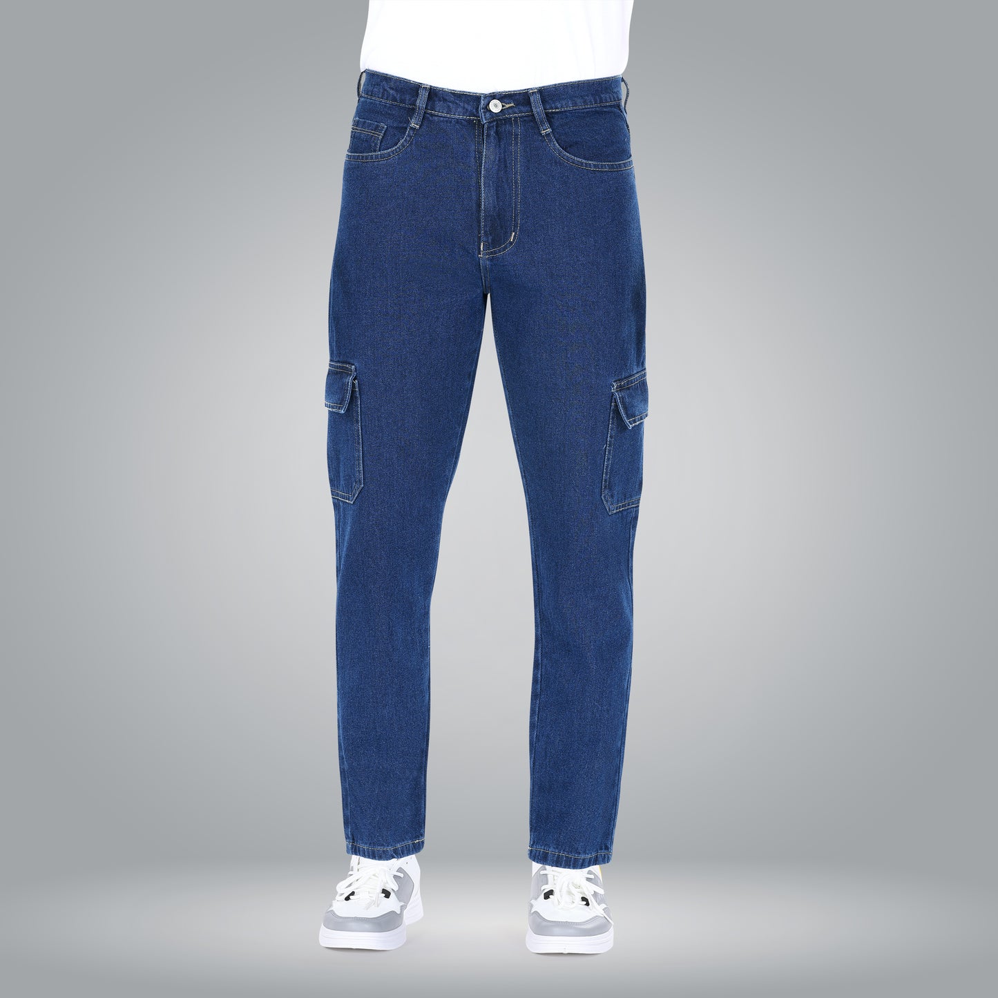 MQ Denim Men's Tapered Fit 6-Pocket Cargo Mid Rise Dark Blue Jeans, Non-Stretchable and Pure Cotton Denim. Trendy and Comfortable Casual Wear.