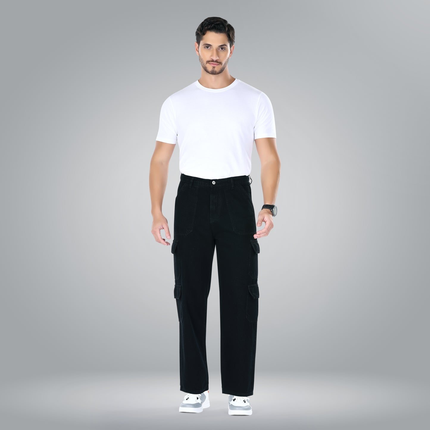 MQ Denim Men's Wide Leg 8-Pocket Mid Rise Black Cargo Jeans, Non-Stretchable and Pure Cotton Denim. Trendy and Comfortable Casual Wear.