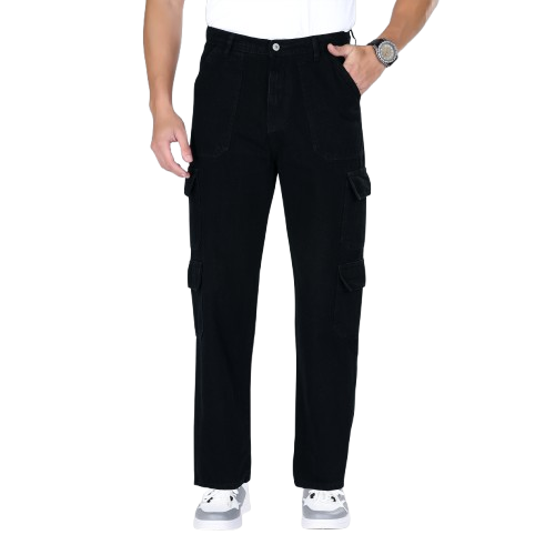 MQ Denim Men's Wide Leg 8-Pocket Mid Rise Black Cargo Jeans, Non-Stretchable and Pure Cotton Denim. Trendy and Comfortable Casual Wear.