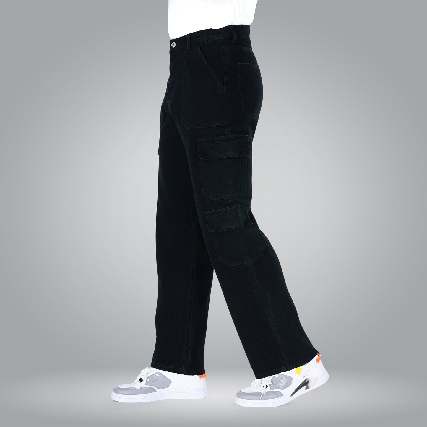 MQ Denim Men's Wide Leg 8-Pocket Mid Rise Black Cargo Jeans, Non-Stretchable and Pure Cotton Denim. Trendy and Comfortable Casual Wear.
