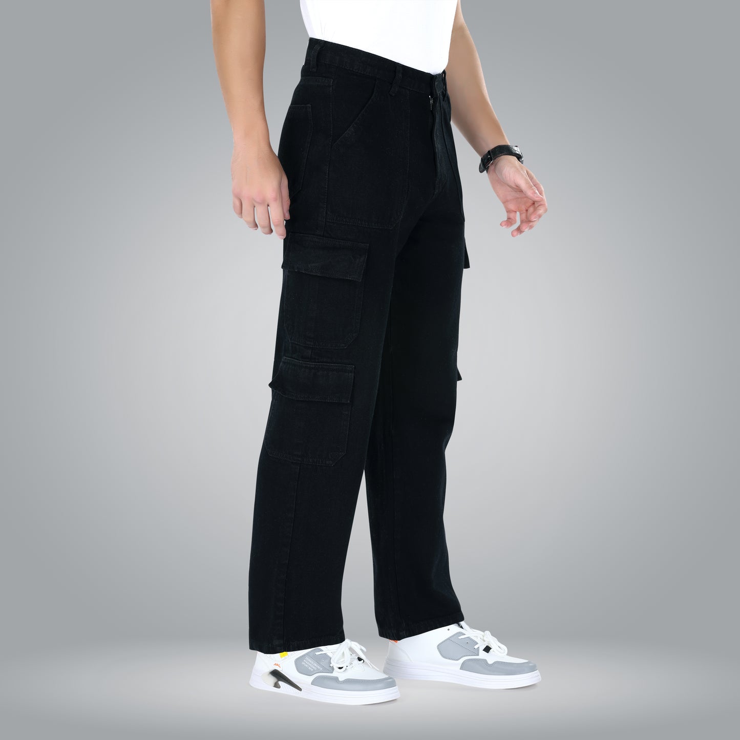 MQ Denim Men's Wide Leg 8-Pocket Mid Rise Black Cargo Jeans, Non-Stretchable and Pure Cotton Denim. Trendy and Comfortable Casual Wear.