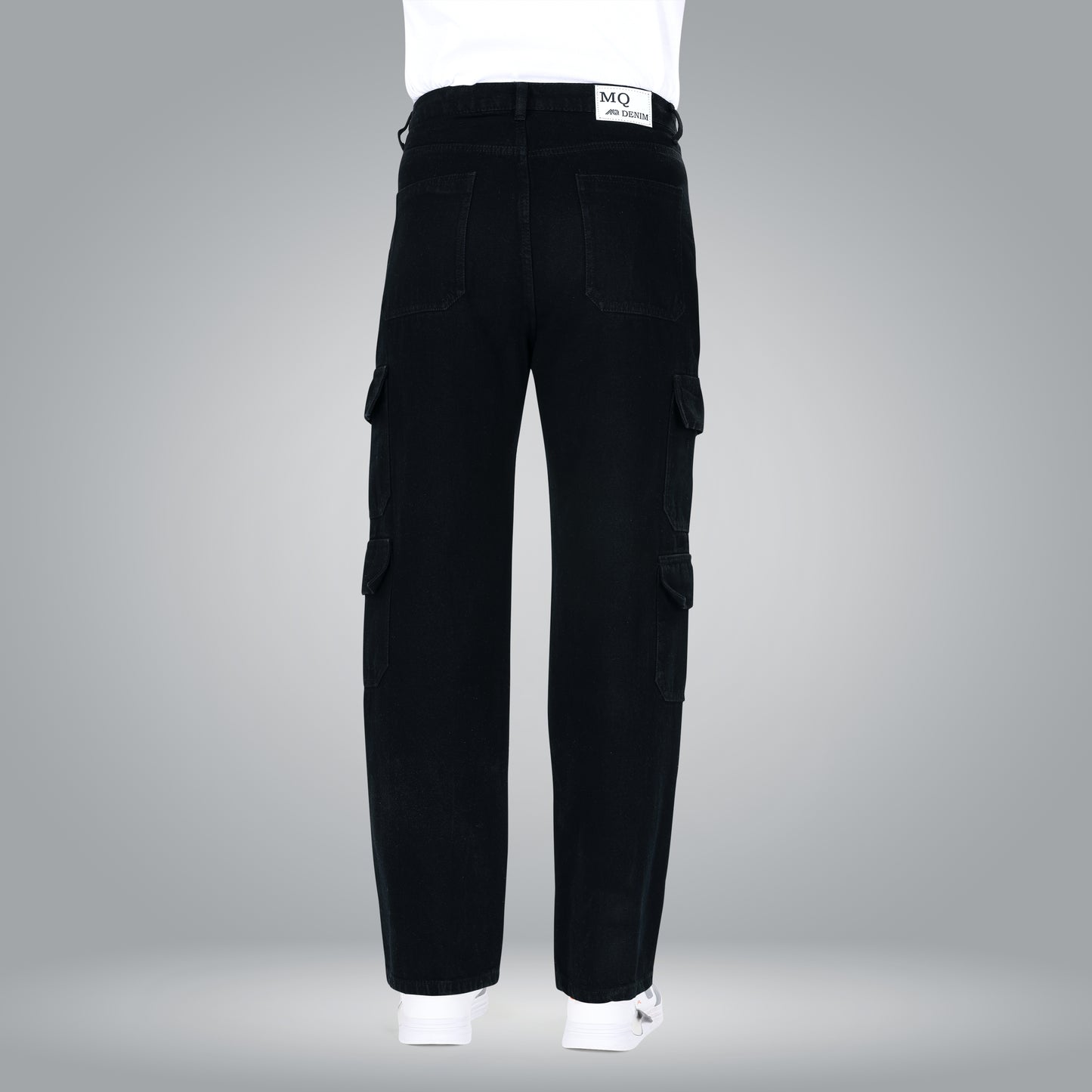 MQ Denim Men's Wide Leg 8-Pocket Mid Rise Black Cargo Jeans, Non-Stretchable and Pure Cotton Denim. Trendy and Comfortable Casual Wear.