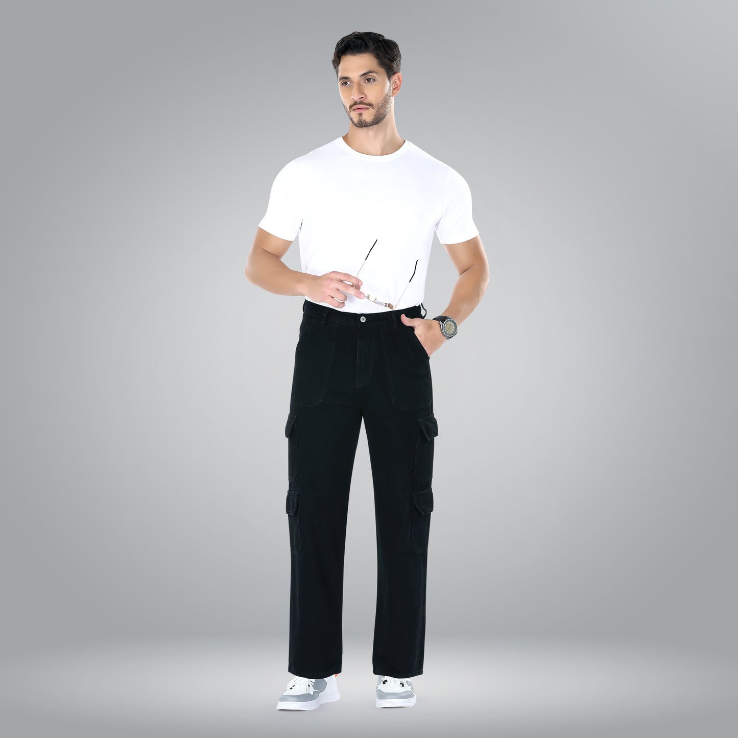 MQ Denim Men's Wide Leg 8-Pocket Mid Rise Black Cargo Jeans, Non-Stretchable and Pure Cotton Denim. Trendy and Comfortable Casual Wear.