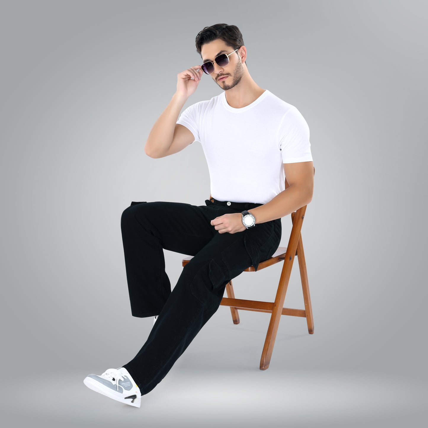 MQ Denim Men's Wide Leg 8-Pocket Mid Rise Black Cargo Jeans, Non-Stretchable and Pure Cotton Denim. Trendy and Comfortable Casual Wear.