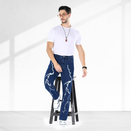 MQ Denim Straight Fit Non-Stretchable Dark Blue Mid Rise Lightening Printed Pure Cotton Premium Fabric Men's Jeans