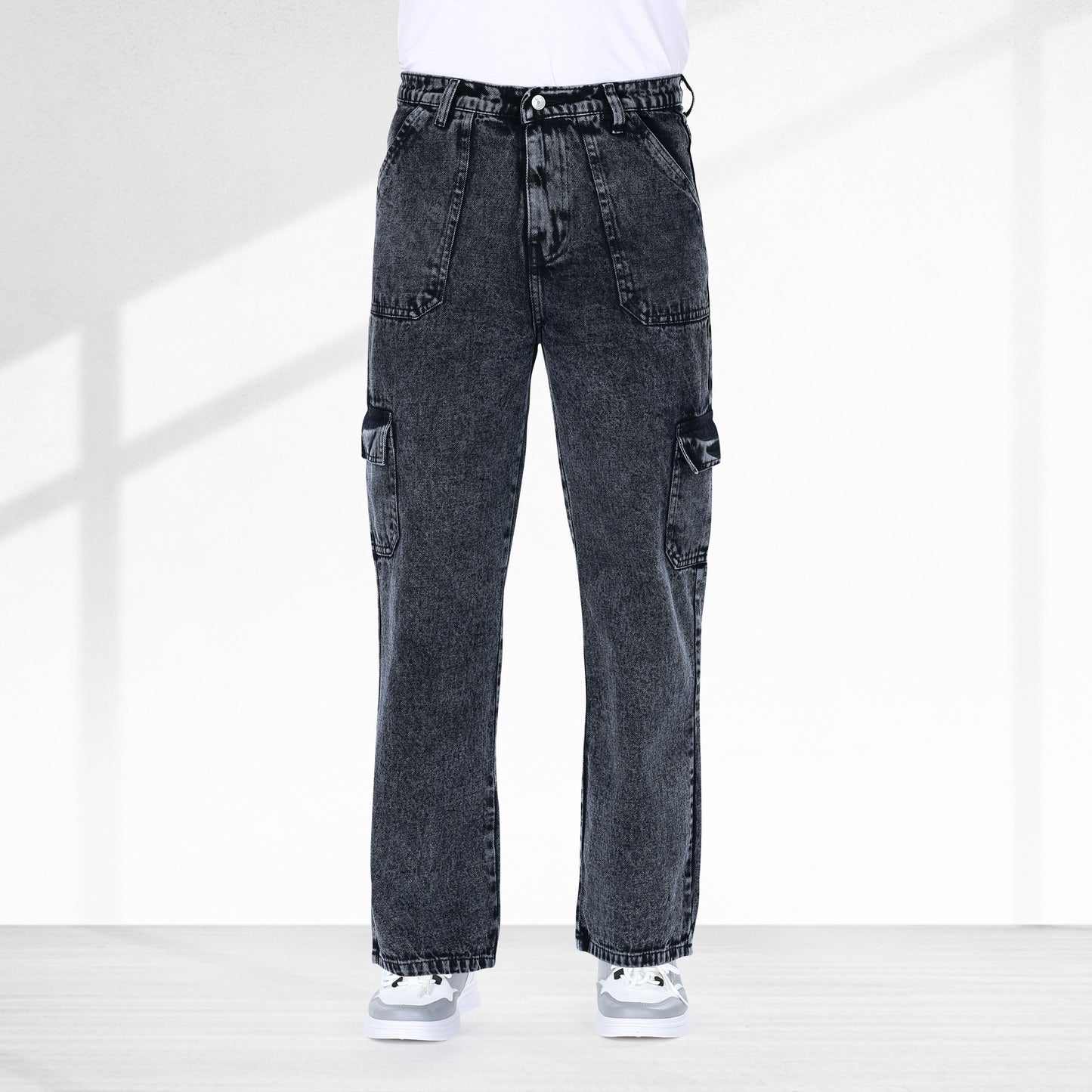 MQ Denim Men's Straight Leg 6-Pocket Mid Rise Cargo Jeans, Non-Stretchable and Pure Cotton Denim. Trendy and Comfortable Casual Wear.