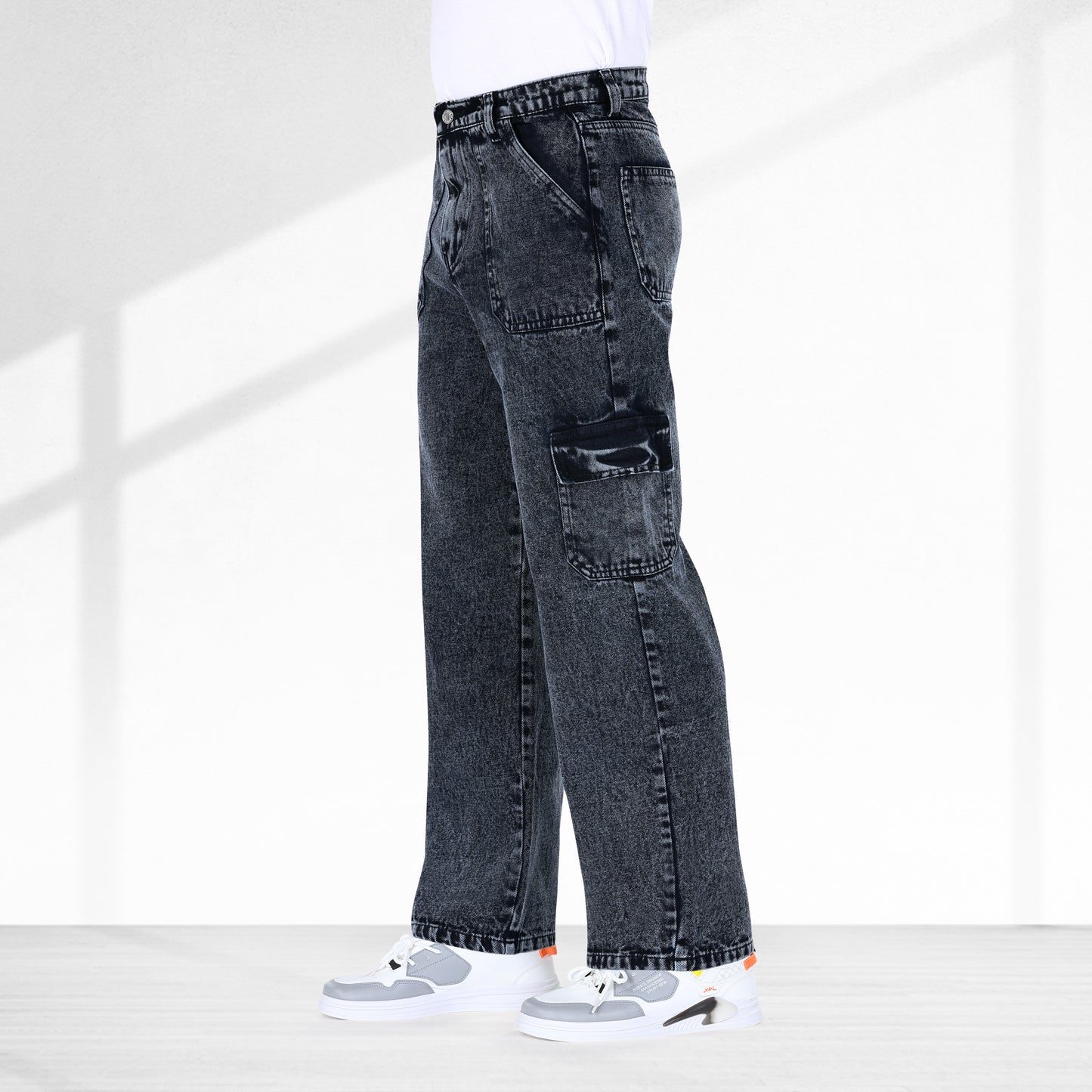 MQ Denim Men's Straight Leg 6-Pocket Mid Rise Cargo Jeans, Non-Stretchable and Pure Cotton Denim. Trendy and Comfortable Casual Wear.