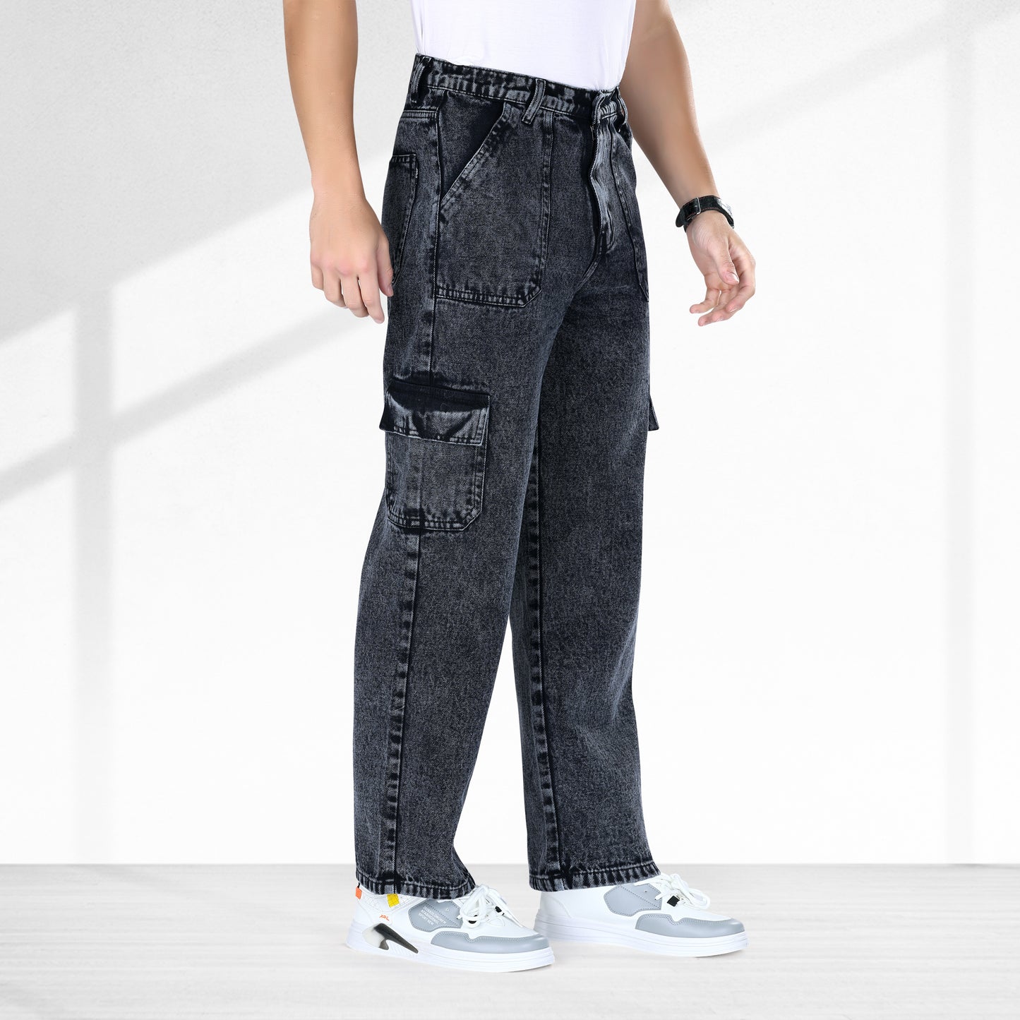 MQ Denim Men's Straight Leg 6-Pocket Mid Rise Cargo Jeans, Non-Stretchable and Pure Cotton Denim. Trendy and Comfortable Casual Wear.