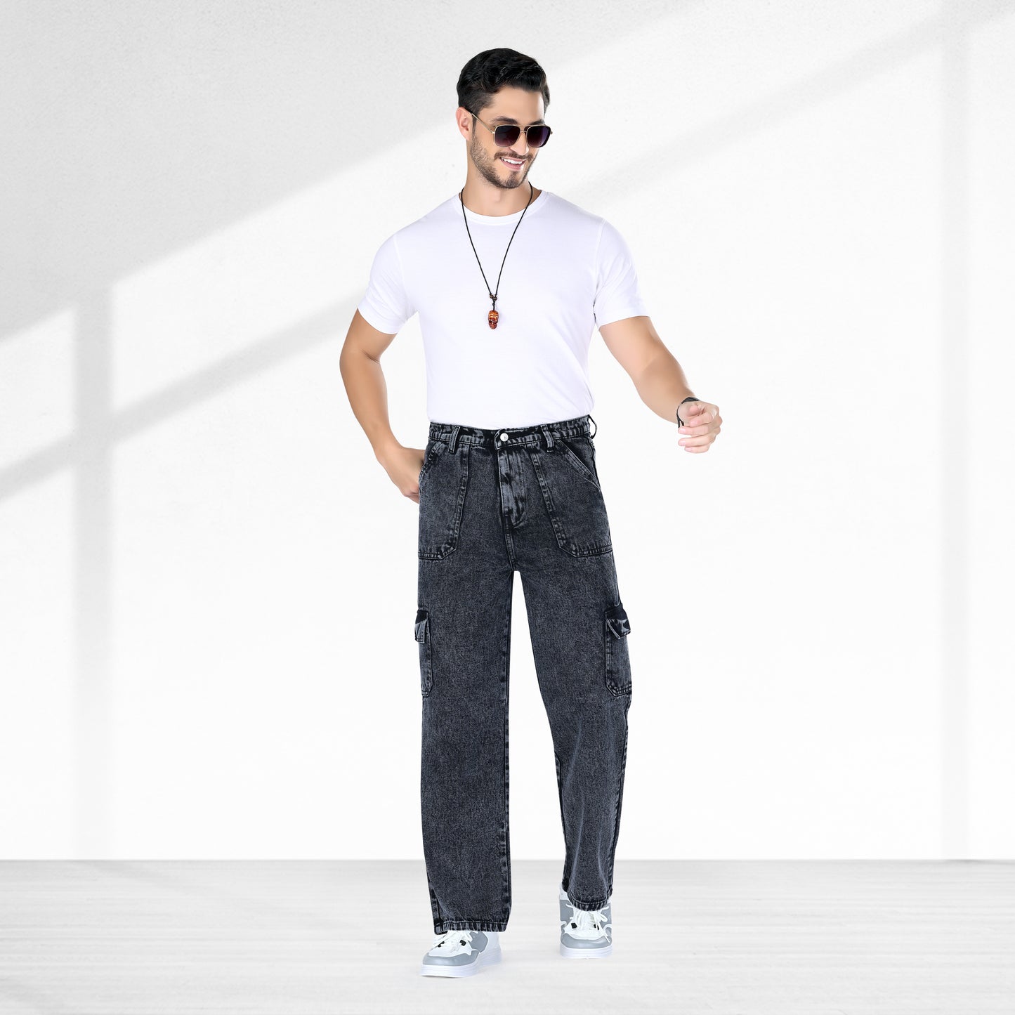 MQ Denim Men's Straight Leg 6-Pocket Mid Rise Cargo Jeans, Non-Stretchable and Pure Cotton Denim. Trendy and Comfortable Casual Wear.