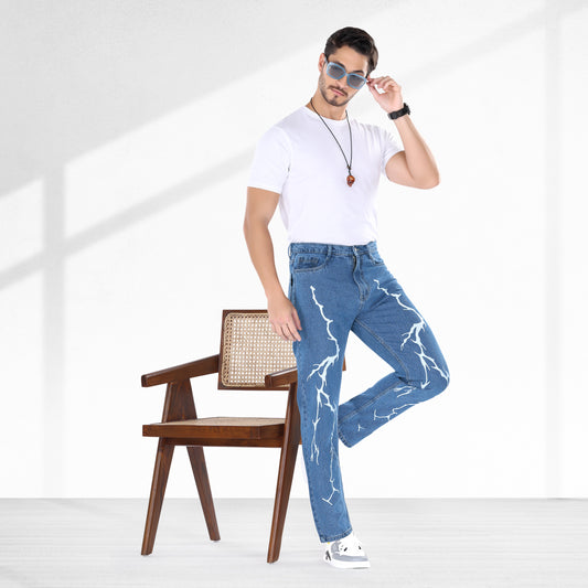 MQ Denim Straight Fit Non-Stretchable Blue Mid Rise Lightening Printed Pure Cotton Premium Fabric Men's Jeans