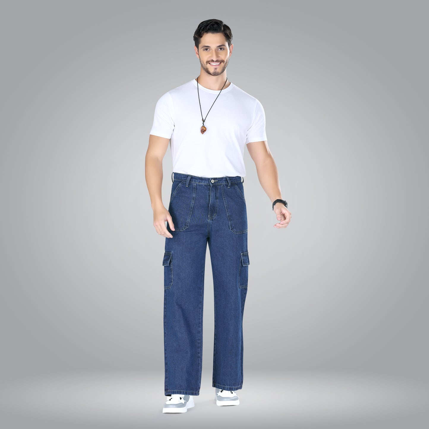 MQ Denim Men's Straight Leg 6-Pocket Mid Rise Cargo Jeans, Non-Stretchable and Pure Cotton Denim. Trendy and Comfortable Casual Wear.