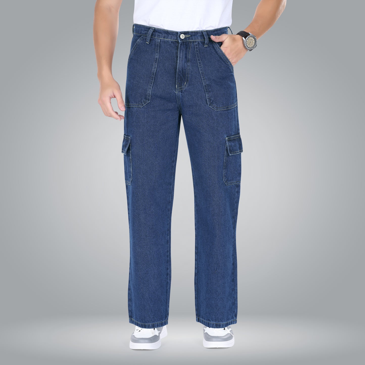 MQ Denim Men's Straight Leg 6-Pocket Mid Rise Cargo Jeans, Non-Stretchable and Pure Cotton Denim. Trendy and Comfortable Casual Wear.