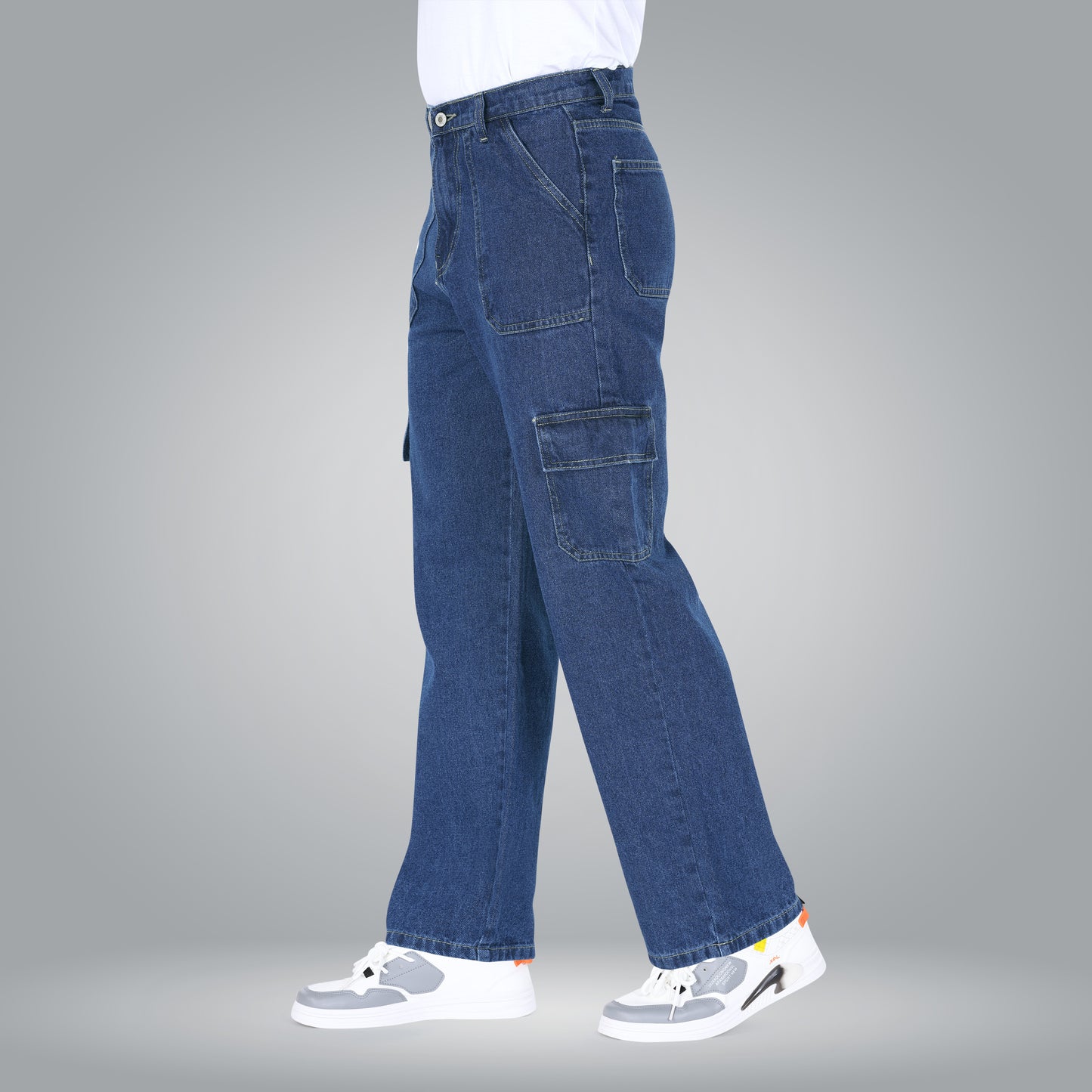 MQ Denim Men's Straight Leg 6-Pocket Mid Rise Cargo Jeans, Non-Stretchable and Pure Cotton Denim. Trendy and Comfortable Casual Wear.