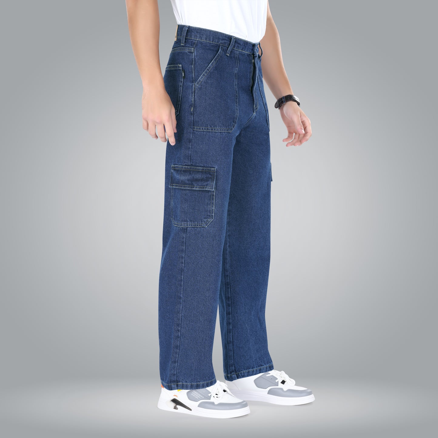 MQ Denim Men's Straight Leg 6-Pocket Mid Rise Cargo Jeans, Non-Stretchable and Pure Cotton Denim. Trendy and Comfortable Casual Wear.