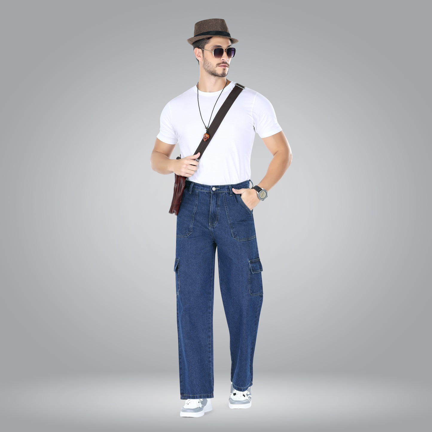 MQ Denim Men's Straight Leg 6-Pocket Mid Rise Cargo Jeans, Non-Stretchable and Pure Cotton Denim. Trendy and Comfortable Casual Wear.