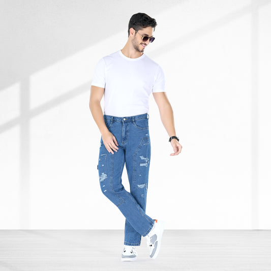 MQ Denim Straight Fit Non Stretchable Relaxed Mid Rise Stylish Blue Distressed Men's Jeans - Available in Variety of Colour