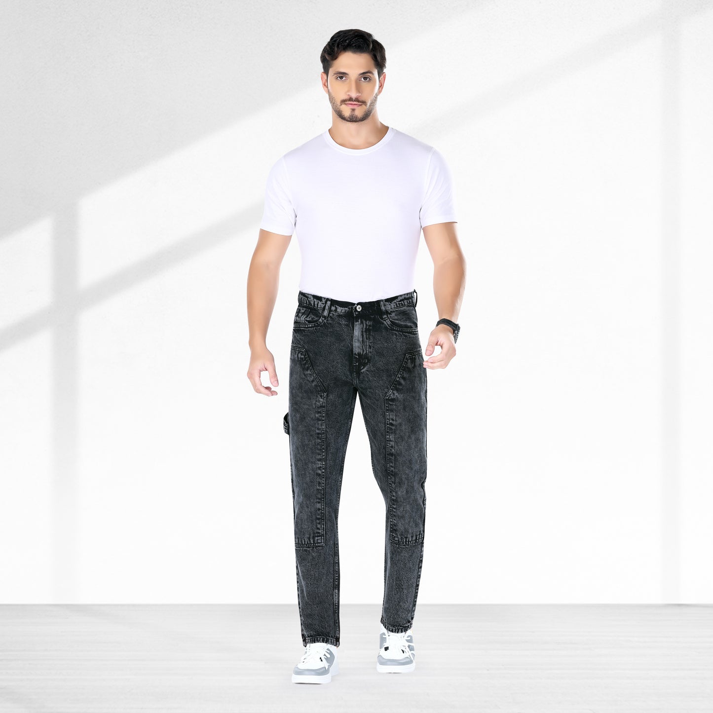 MQ Denim Straight Fit Non Stretchable Relaxed Mid Rise Stylish Charcoal Black Distressed Men's Jeans - Available in Variety of Colour