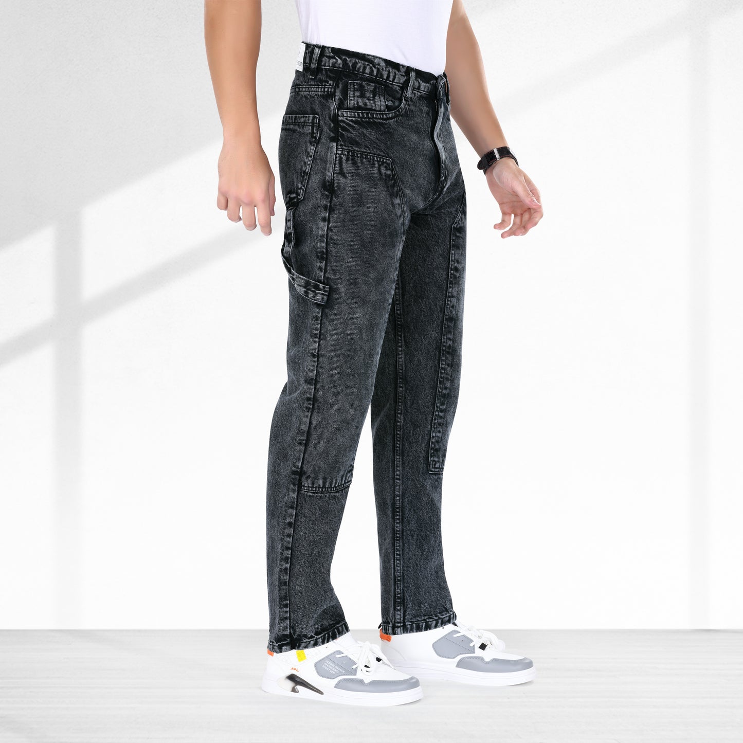 MQ Denim Straight Fit Non Stretchable Relaxed Mid Rise Stylish Charcoal Black Distressed Men's Jeans - Available in Variety of Colour