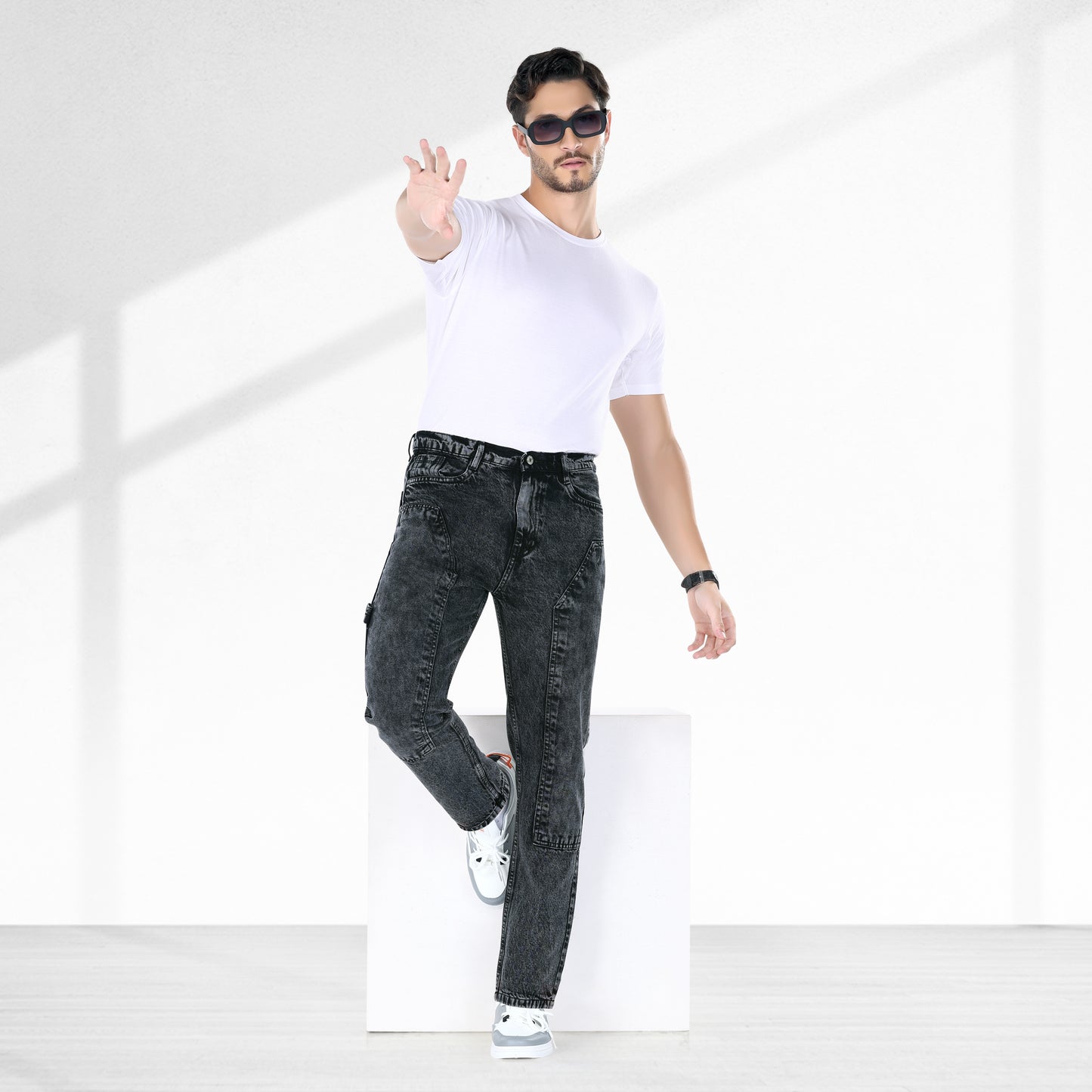 MQ Denim Straight Fit Non Stretchable Relaxed Mid Rise Stylish Charcoal Black Distressed Men's Jeans - Available in Variety of Colour