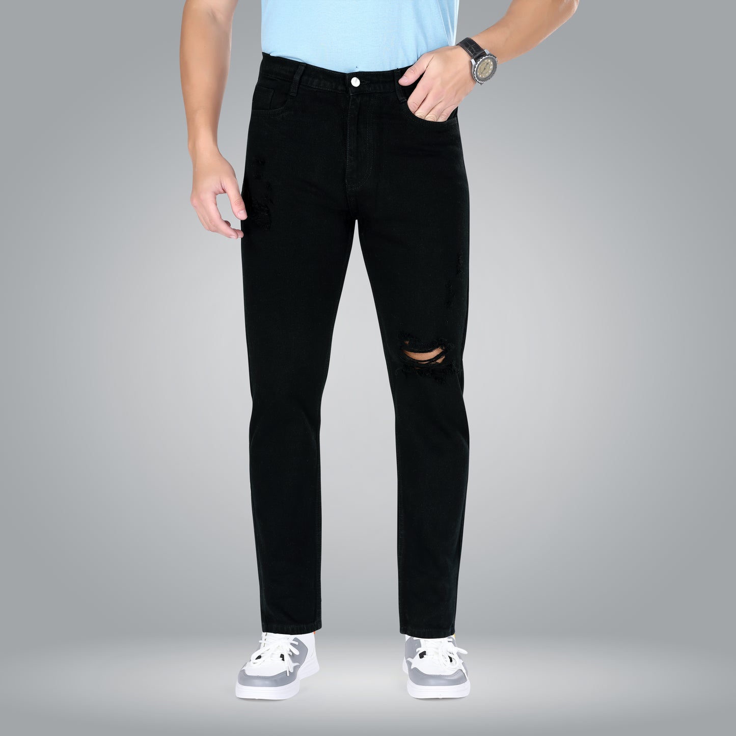 MQ Denim Mid-Rise Black Non Stretchable Pure Cotton Straight Fit Ripped Jeans
