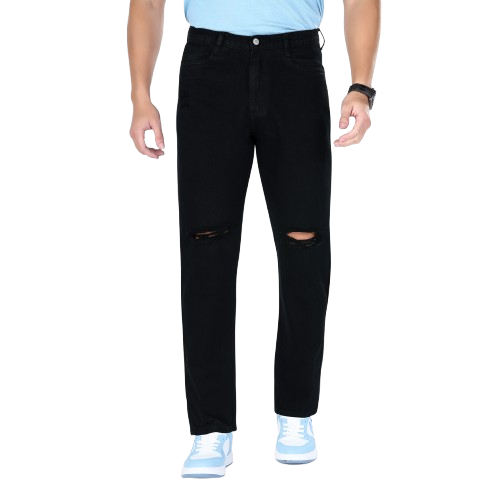 MQ Denim Non-Stretchable Black Straight Fit Knee Ripped Distressed Stylish Mid Rise Pure Cotton Fabric Men's Jeans Offered in Various Shades