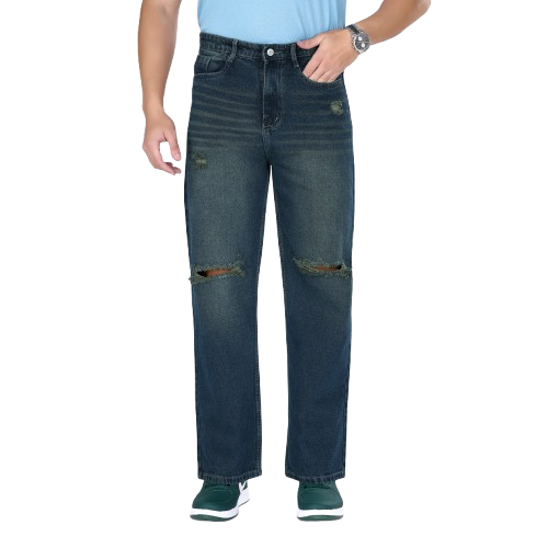 MQ Denim Knee Slit Distressed Dark Blue Loose Fit Relaxed Non-Stretchable 100% Cotton Mid Rise Men's Jeans