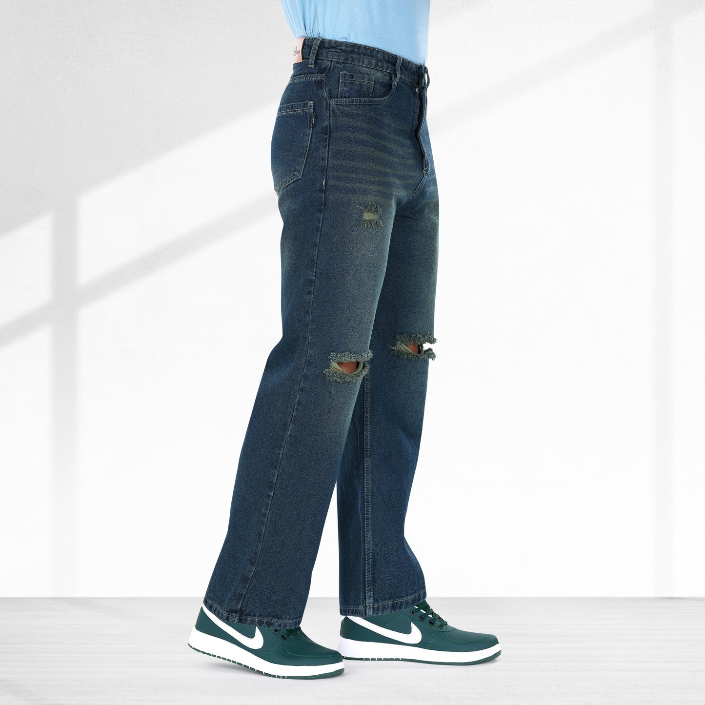 MQ Denim Knee Slit Distressed Dark Blue Loose Fit Relaxed Non-Stretchable 100% Cotton Mid Rise Men's Jeans